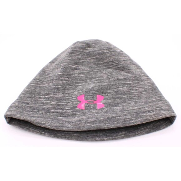 Under Armour Beanie Hat OSFA Gray Pink Logo Cold Gear Knit Stretch Cotton Womens - Picture 1 of 9